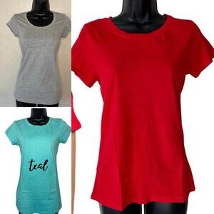 3-pcs ACTIVE BASIC Women's Round Neck Short Sleeve Tee Basic Top T-shirt, LARGE